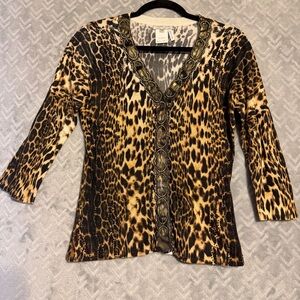 Alberto Makali Leopard Print Embellished Knit Top S Viscose Nylon Glam